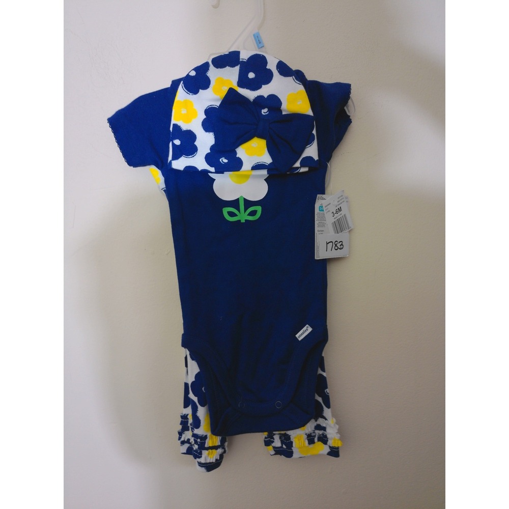 Gerber 3pc Outfit Set Baby Girl 3-6M Navy Yellow Floral Bodysuit Pants Hat